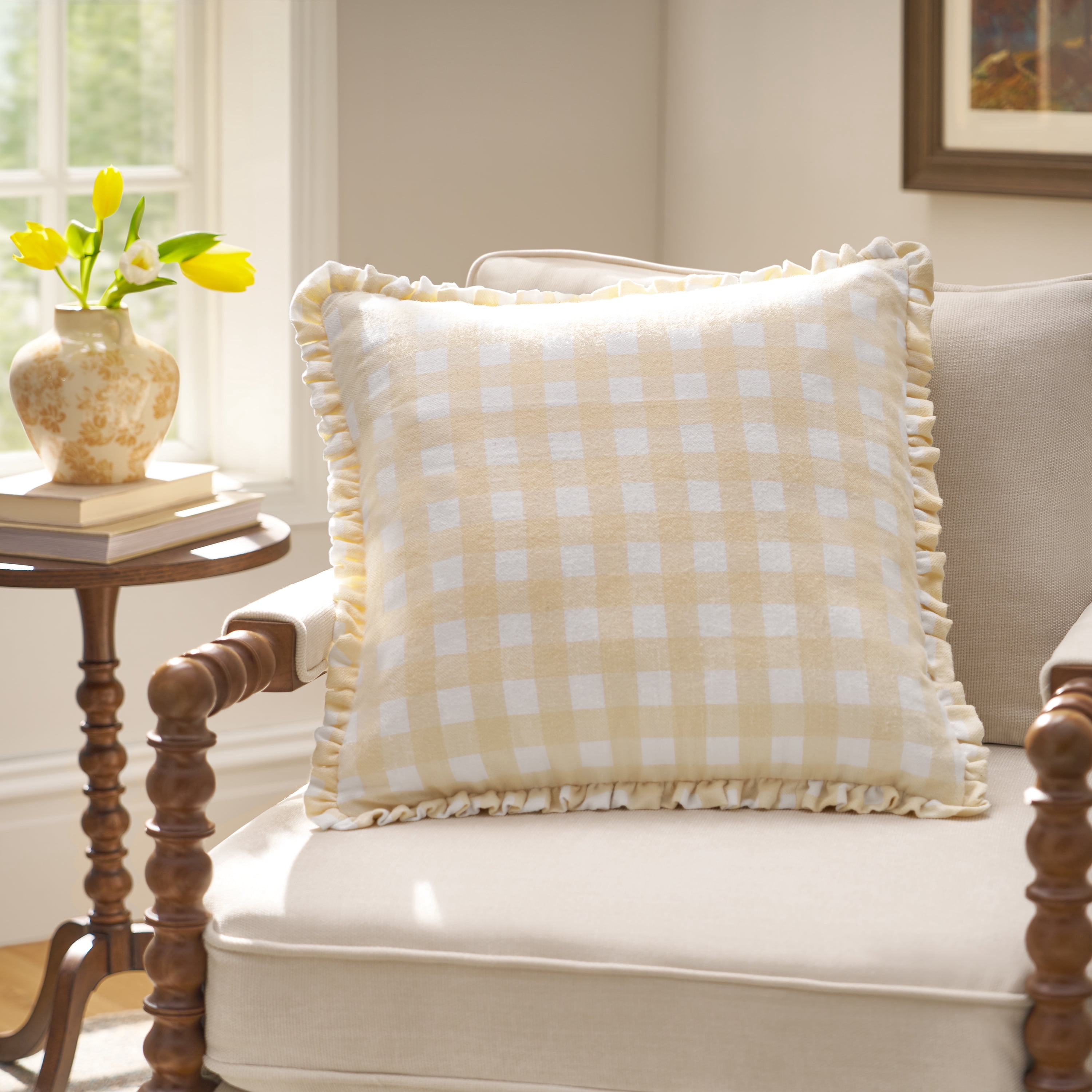 The Pioneer Woman Woven Gingham with Ruffle Pillow- Beige