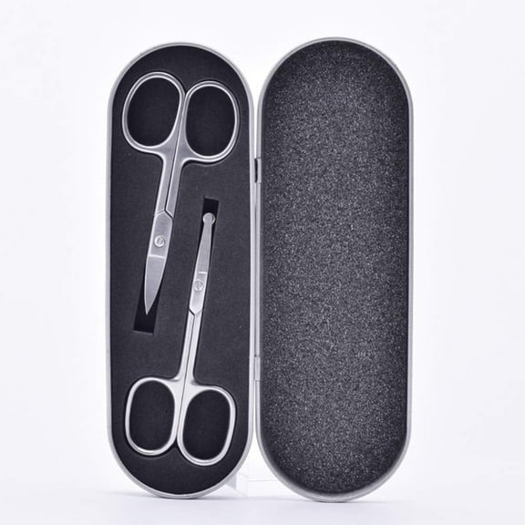 Pinkiou 2 Pieces Curved and Round Facial Nose Hair Scissors for Men Women Stainless Steel Set with Storage Box Moustache Scissor Beard Trimming Scissors Safety Use for Eyebrows Eyelashes Ear