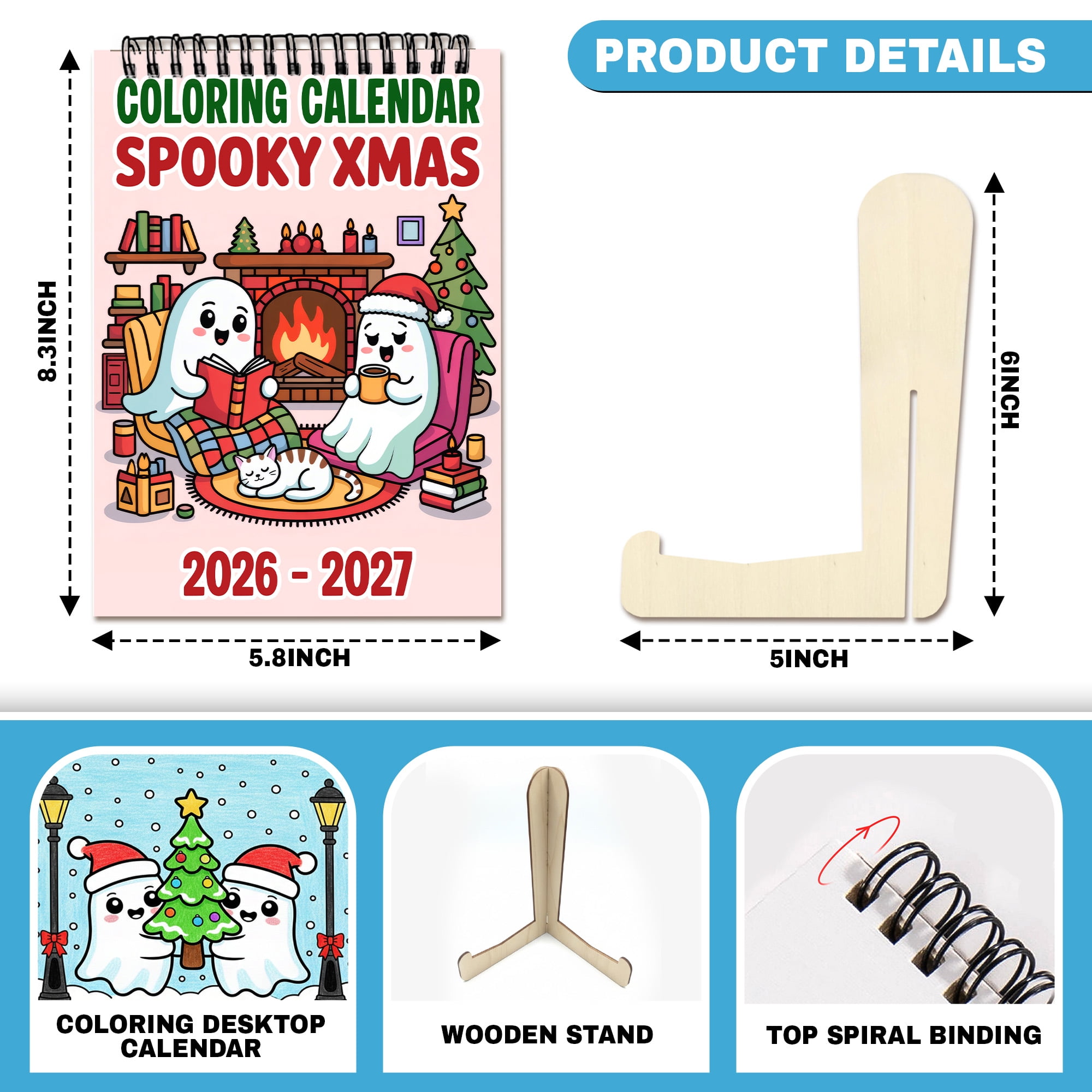 Spooky Xmas Coloring Desk Calendar 2026–2027, A5 Wooden Cover Planner with 26 Easy Coloring Pages for Adult Relaxation, 24 Month Desktop Calendar with Stand, Gift for Family & Friends