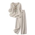 thumbnail image 2 of Women's New Linen Embroidered Two Piece Set, Loose Shirt Wide Leg Pants With Pockets Fashion Summer Casual Outfits Comfortable Daily Wear, 2 of 6