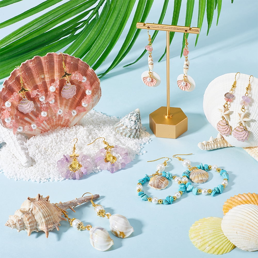 1 Box 10 Sets Ocean Earring Making Kit Summer Hawaii Seashell Charm Sea Shell Charms Starfish Charm Amethyst Turquoise Stone Chip Bead Glass Beads for DIY