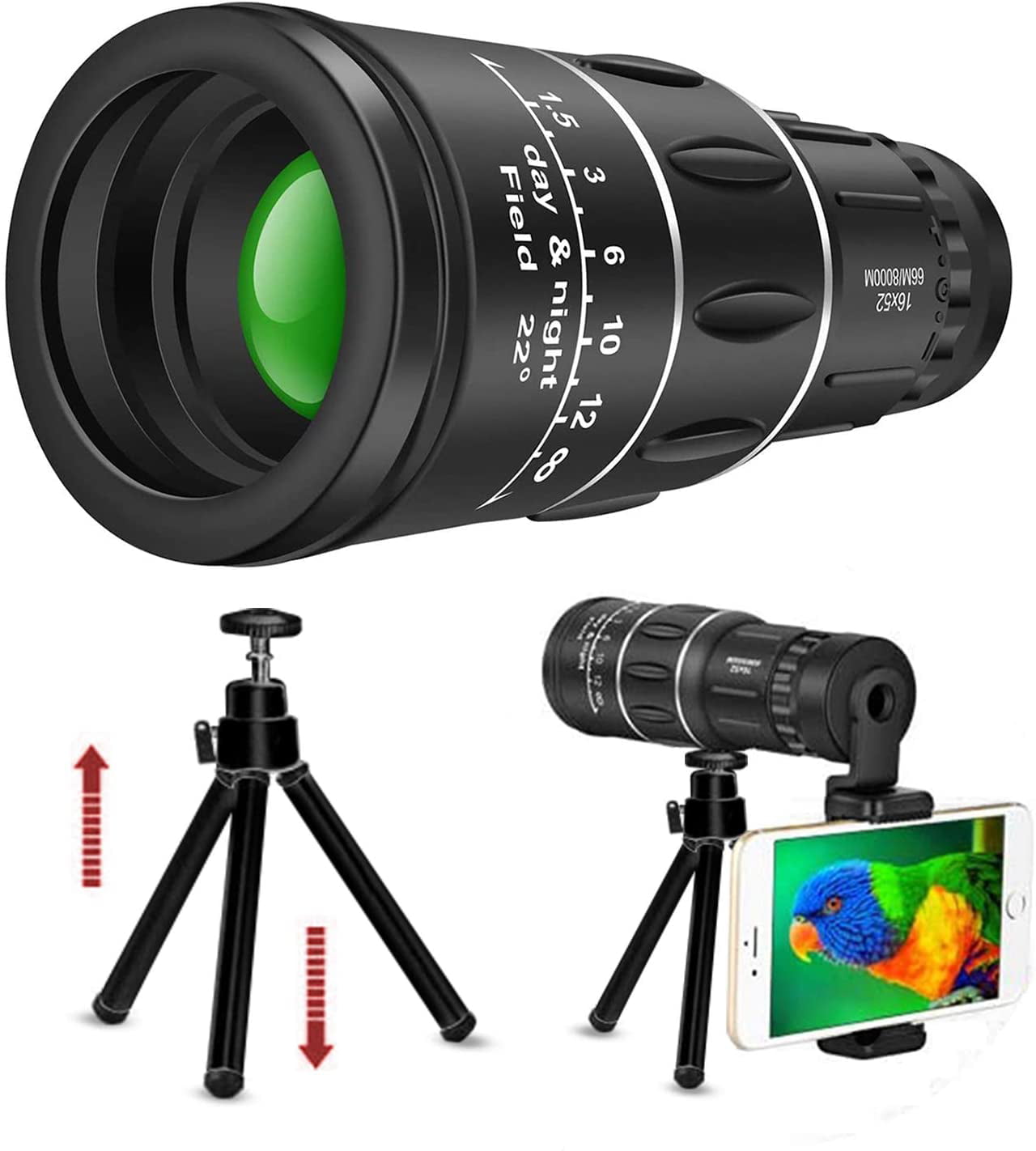 Upgrade 16x52 High Power HD Monocular with Smartphone Holder & Tripod, Waterproof Monocular with Durable and Clear FMC BAK4 Prism Dual Focus for Bird Watching Hiking Camping Monocular Telescope 