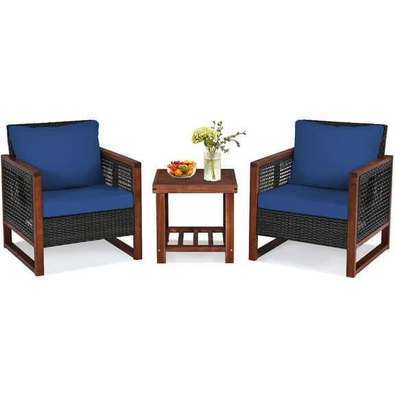 Patiojoy 3PCS Patio Rattan Bistro Set Acacia Wood Frame Sofa and Side Table Navy Cushions