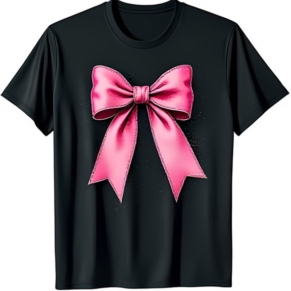 Stylish Black T-Shirt with Pink Bow Graphic Bold Chest Design