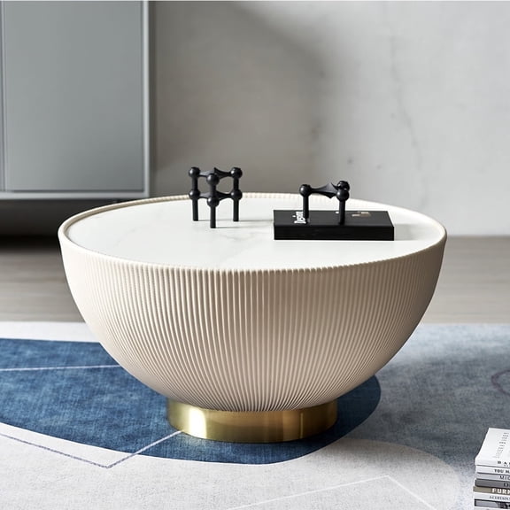 POVISON Modern Drum Coffee Table, Sintered Stone Coffee Table with PU Leather and Aluminum Alloy Base, White, 27.56"