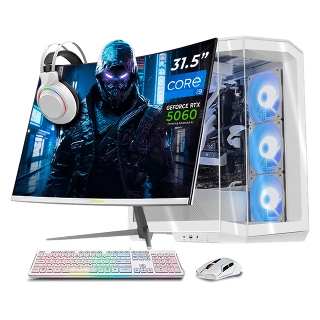 PC Gamer Completa IA Xtreme PC Gaming MSI NVIDIA GeForce RTX 5060 Intel Core i9 14900KF 32GB DDR5 SSD 1TB Monitor Curvo 31.5 180Hz Sistema Liquido WIFI White Productividad Versátil Acelerada con IA