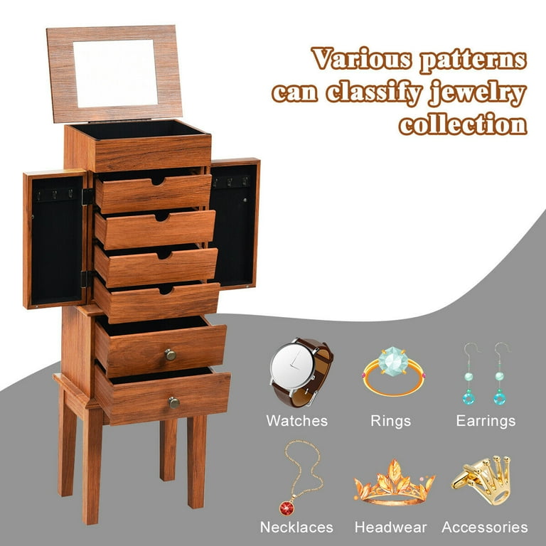 Costway Wood Jewelry Cabinet Armoire Box Storage Chest Stand Organizer  Necklace