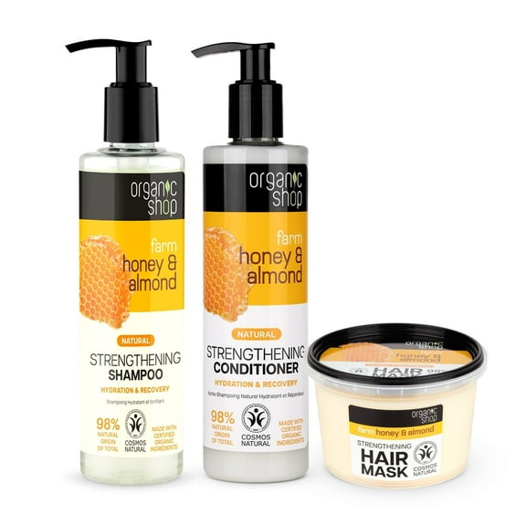 Organic Shop Raw Honey & Almond – High Strengthening Shampoo + Conditioner & Hair Mask Deep Repairing - 100% Vegan & Organic, Rich In Vitamins & Minerals, Silky Hydration & Nourishing. 9.5 Fl Oz