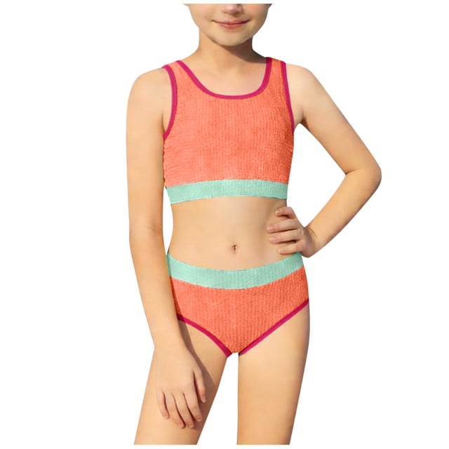 Girls Tankini Swimsuit, Two Piece Set, Sleeveless, Built-in Soft Bra, UPF 50+ Sun Protection, for Pool, Beach, Summer Water Activities
