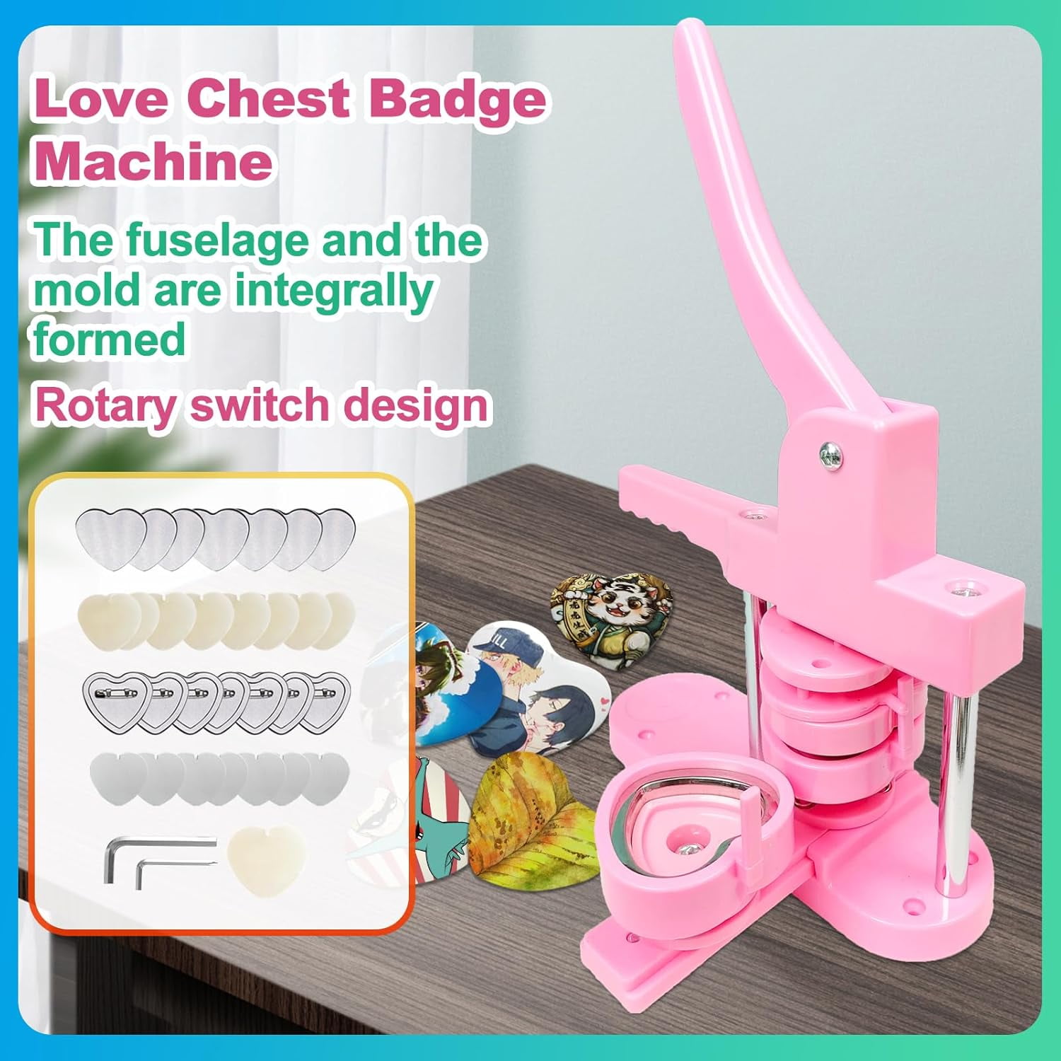Heart Button Maker Machine DIY Gift, Installation-Free Button Maker Press Machine, Pin Button Making Machine with Free 100 Sets Heart Button Making Supplies & Circle Cutter & Magic Book Pro New