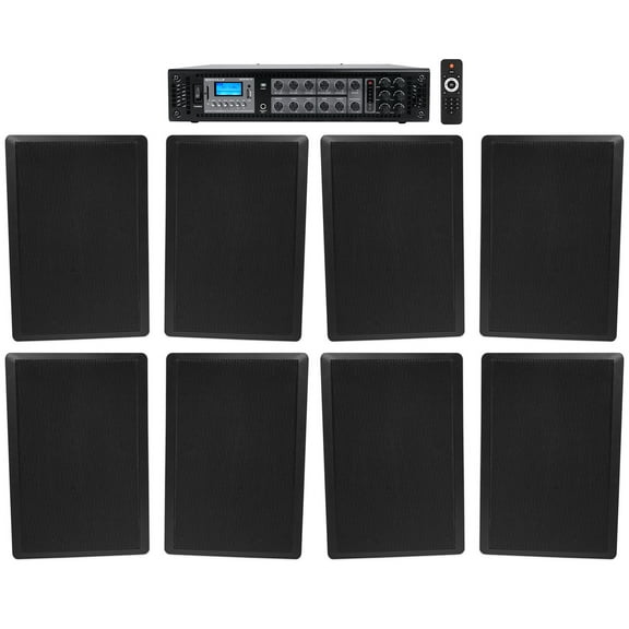 Rockville 6-Zone 70v Amplifier (8) Slim Black Restaurant/Bar/Cafe Wall Speakers
