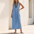 thumbnail image 7 of Eawtki Women's V Neck Sleeveless Maxi Dress Denim Trim With Pockets Loose Fit Casual Summer Linen Blend Dress, 7 of 7