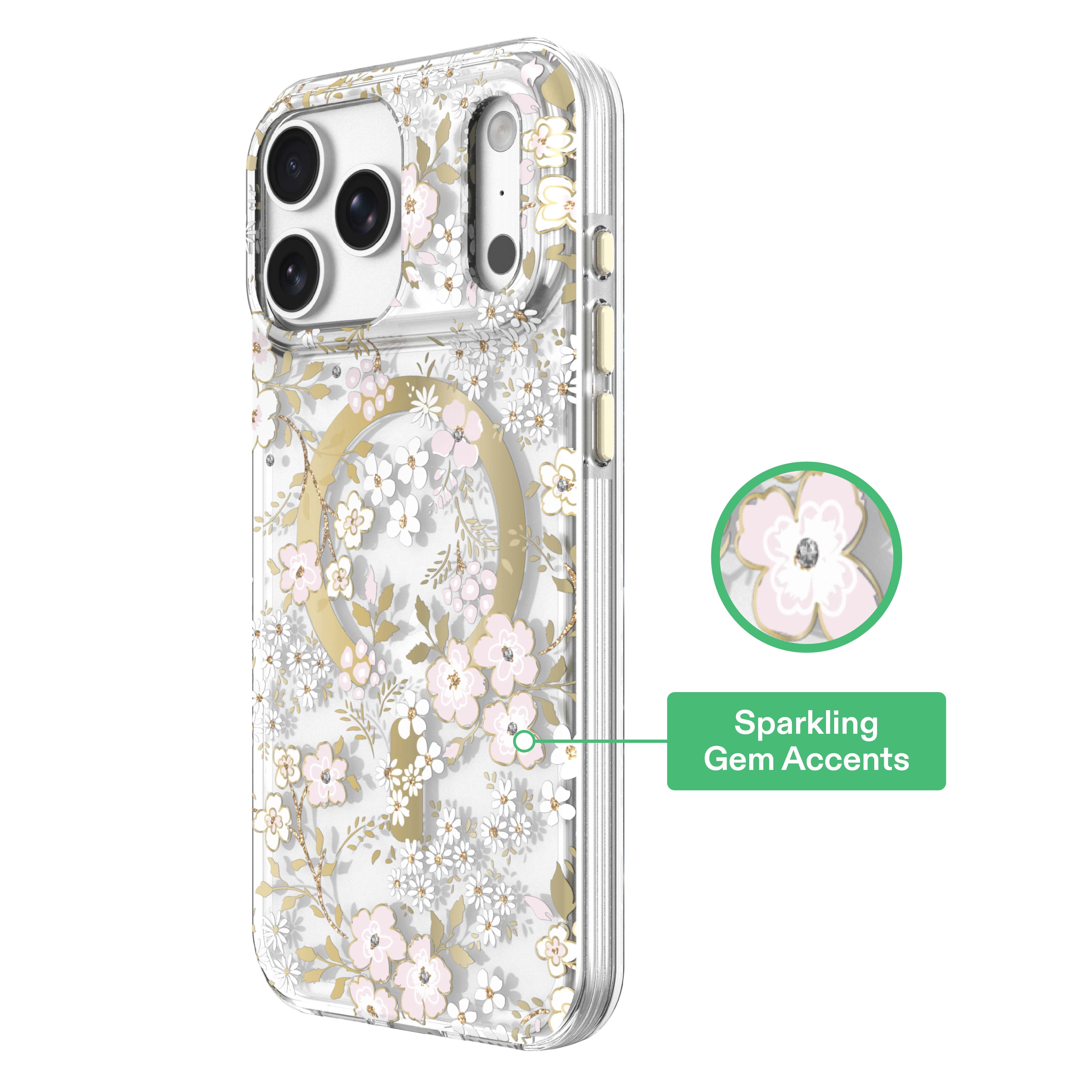 onn Phone Case for iPhone 18 Pro / 17 Pro, MagSafe Compatible - Pink & White Floral with Gems