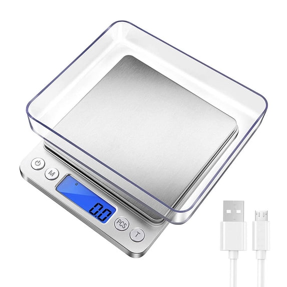 Kitchen Food Scale, Rechargeable Scale for Food Ounces and Grams, High Precision Digital Scale Used for Baking, Coffee Making, with LCD Display and 2 Trays,3KG
