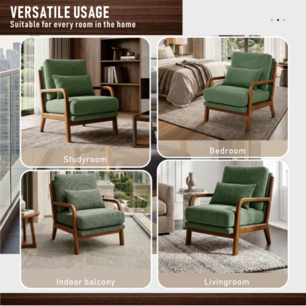 Wooden Lounge Chair, Modern Upholstered Accent Chair with Solid Wood Armrests, High-Density Foam Cushion, Reclined Backrest for Living Room, Bedroom & Office, Dark Green