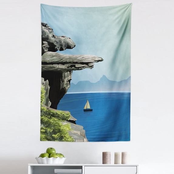 Landscape Tapestry, Cartoon Nature Illustration Sea Sailboat and Cliffs Mountain Print, Fabric Wall Hanging Decor for Bedroom Living Room Dorm, 5 Sizes, Pale Seafoam Multicolor, by Ambesonne