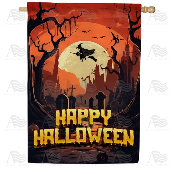 America Forever Happy Halloween House Flag 28 x 40 inch Double Sided Outside, Halloween Fright Night Witch Flight Nightmare Horror Holiday Yard Outdoor Decorative Flag