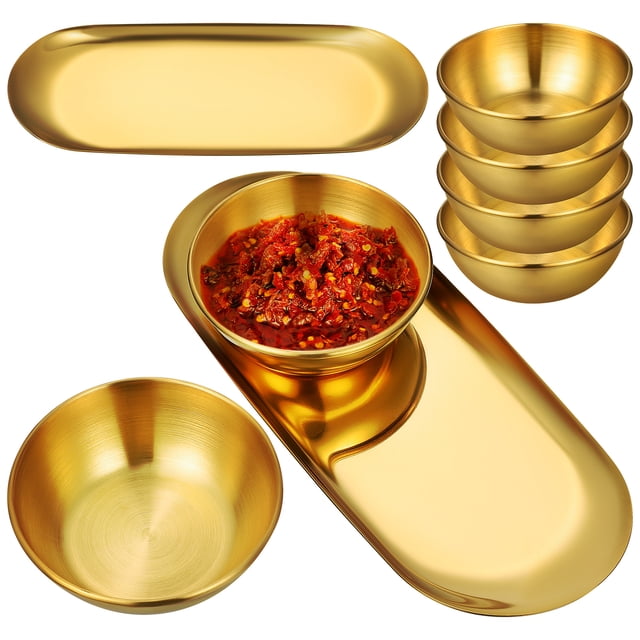 6 uds cuencos de acero inoxidable para salsa, platos pequeños para salsa de soja, cuencos para condimentos de Sushi con 2 uds de bandejas decorativas