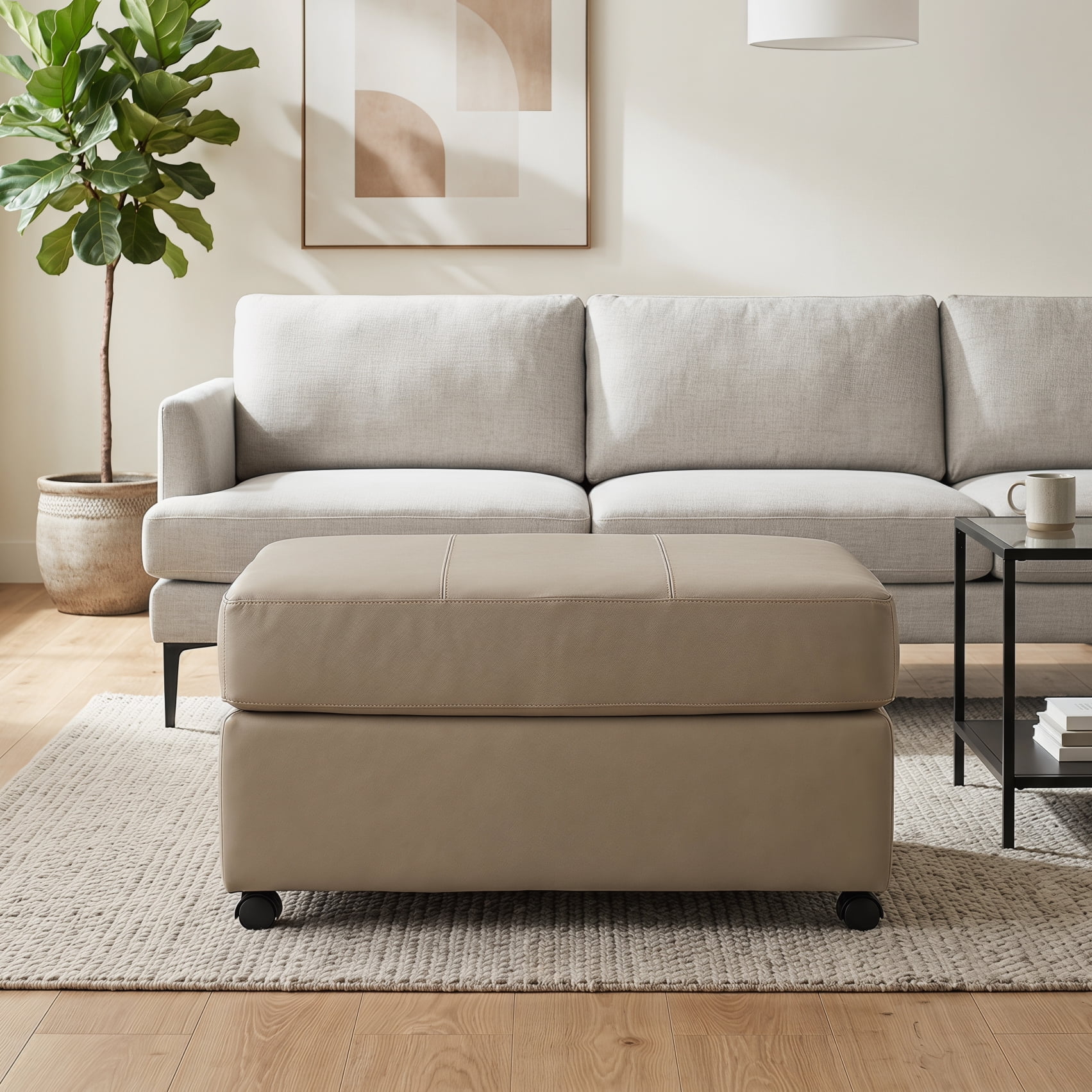 Roundhill Furniture Sakan Leather Upholstered Ottoman, Beige