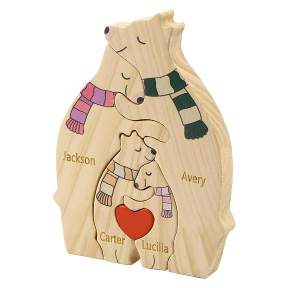 Personalized Wooden Bear Family Puzzle, Customizable with 2-6 Names, High-Quality Wood