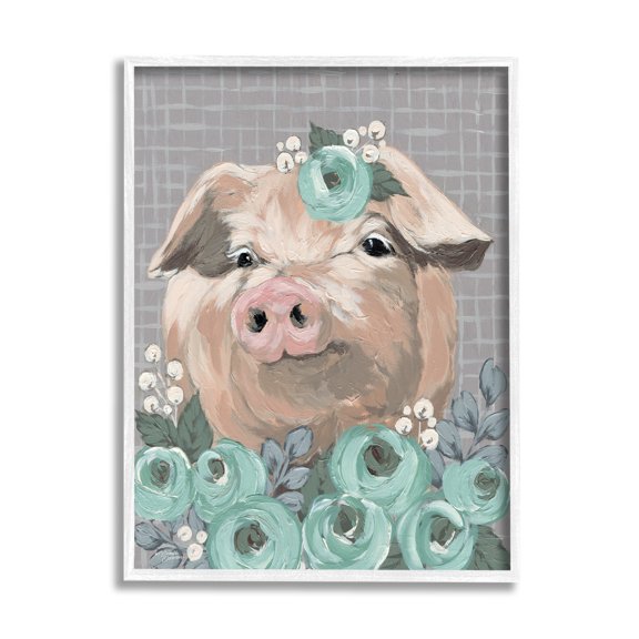 Stupell Industries Fuzzy Pig Surrounded Turquoise Flower Arrangement Pattern Painting White Framed Art Print Wall Art, Design by Michele Norman
