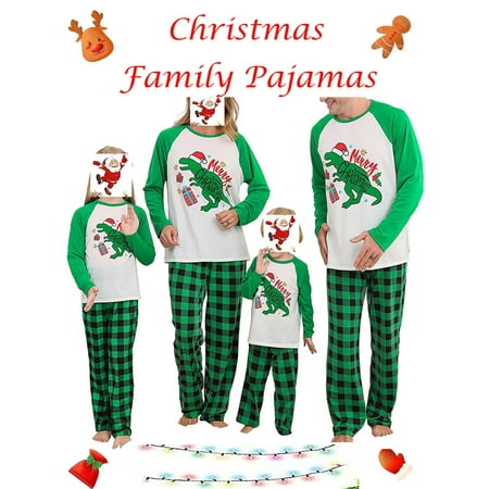 

Family Christmas Pjs Matching Sets Dinosaur Print Pullover Tops Green Plaid Pants Xmas Homewear Sleepwear Outfits