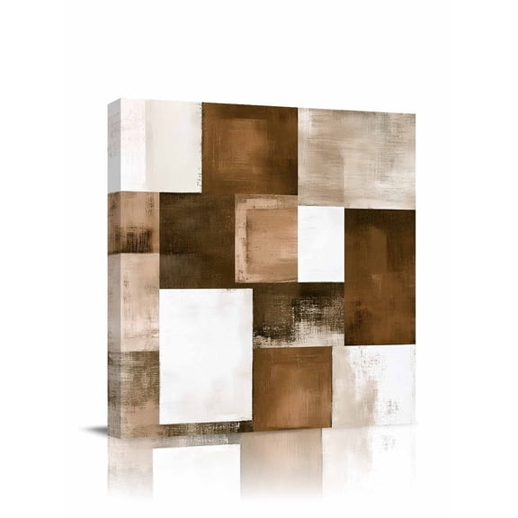 Brown Abstract Canvas Wall Art, Modern Rustic Geometric Color Block Plaid Framed Wall Decor Modern Artwork Prints Painting for Living Room, Bedroom, Kitchen & Cafe Decor 8x8 Inch