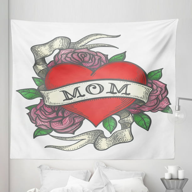 Retro Tapestry, Simple Classic Tattoo Design Heart with Roses and Mom Lettering on Ribbon, Fabric Wall Hanging Decor for Bedroom Living Room Dorm, 5 Sizes, Multicolor, by Ambesonne Retro Tapestry, Simple Classic Tattoo Design Heart with Roses and Mom Lettering on Ribbon, Fabric Wall Hanging Decor for Bedroom Living Room Dorm, 5 Sizes, Multicolor, by Ambesonne