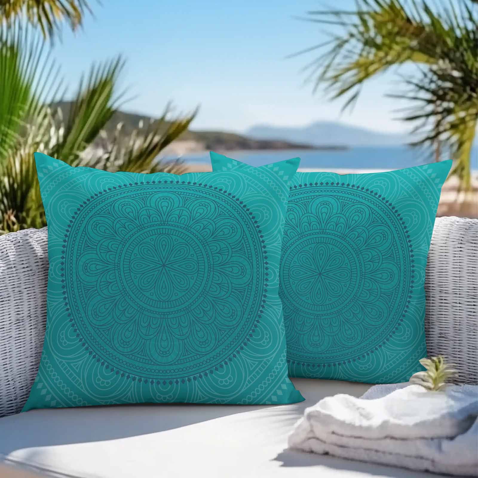 Teal Boho Outdoor Pillow Covers 18x18 Inch Throw Pillow Covers Set of 2 Waterproof Decorative Pillow Cases Farmhouse Abstract Geometric Aesthetic Art Cushion Covers for Patio Furniture Garden Couch