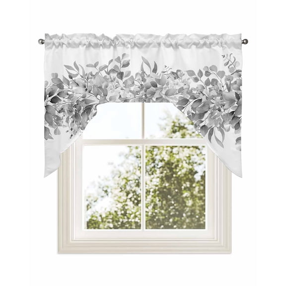 Black Grey Eucalyptus Leaves Kitchen Curtains Swag Valance for Windows/Bathroom/Cafe, Spring Summer Botanical Floral Rod Pocket Drape Panel Swag Curtains Valance for Bedroom/Living Room 56"x36"