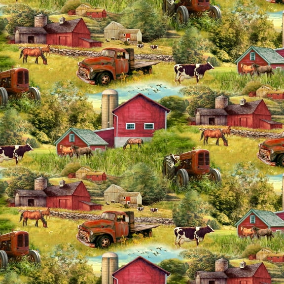 Farm Life Print 100% Cotton Fabric Material for Sewing, 1-Yard PRECUTS
