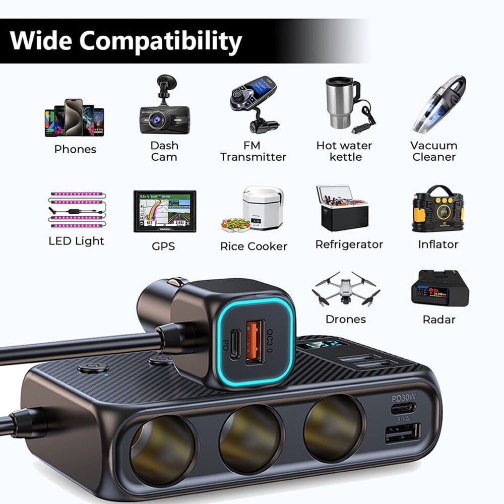 HOMEYA 3 Socket Car Cigarette Lighter Adapter, 171W PD & QC 3.0 Fast USB Car Charger 12V/24V 3-Socket Power Splitter DC Outlet with Individual Switches for All Car Devices