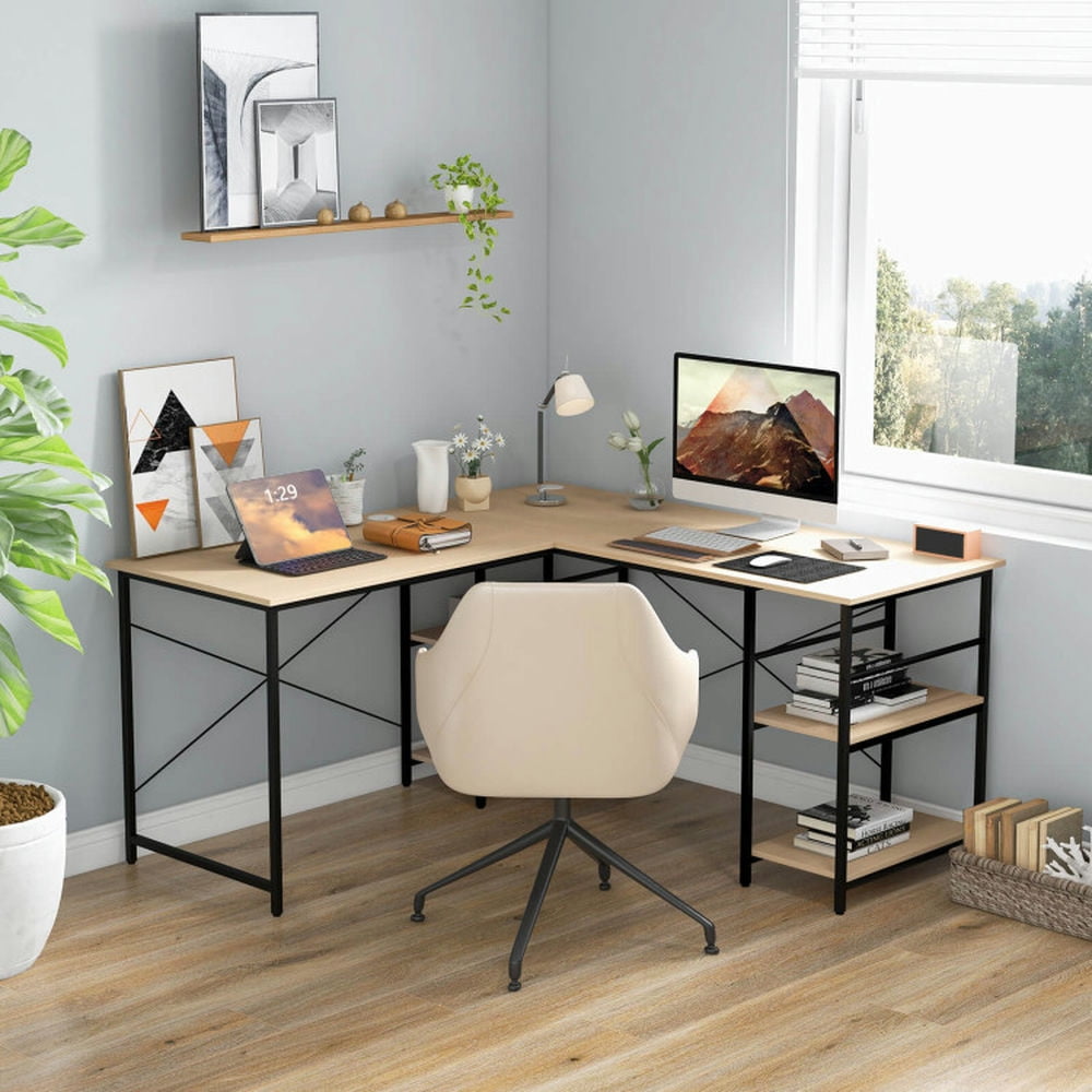 Demi Bonn L Shaped Computer Desk with 4 Storage Shelves and Cable Holes, Small Home Office Desk Study Writing Table, Natural