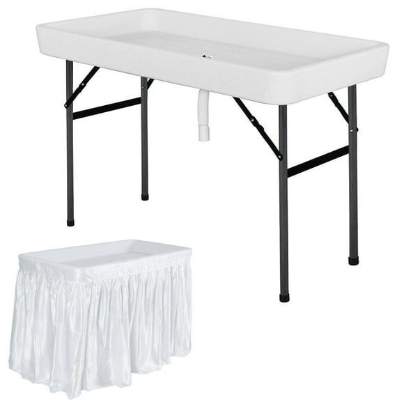 Costway 4 Foot Party Ice Folding Table Plastic w/ Matching Skirt White