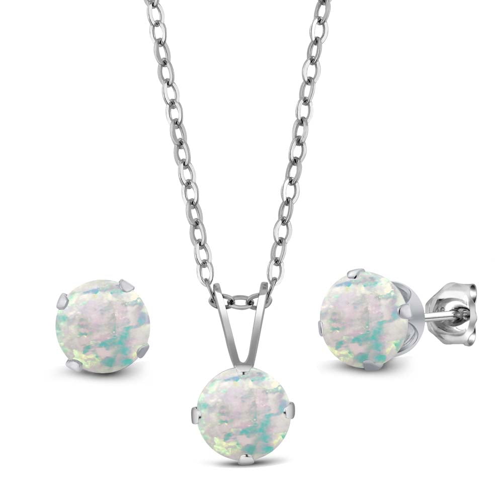 0.90 Ct Round White Simulated Opal 925 Silver Pendant Earrings Set With Chain by