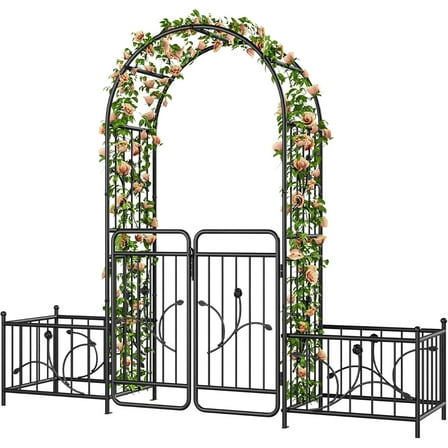 GOOBED Metal Garden Arbor with Gate & Planter Boxes for Climbing , Black Wedding Arches for Party Decor, 87" H Metal Outdoor Archway for Lawn, Patio, Backyard