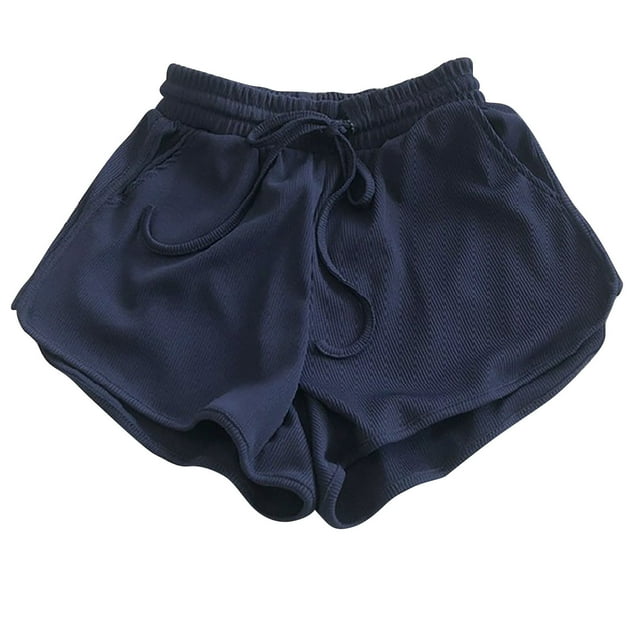 asjyhkr Workout Shorts for Women Ribbed Knit Stretch Drawstring Gym Shorts with Pockets Running Athletic Tennis