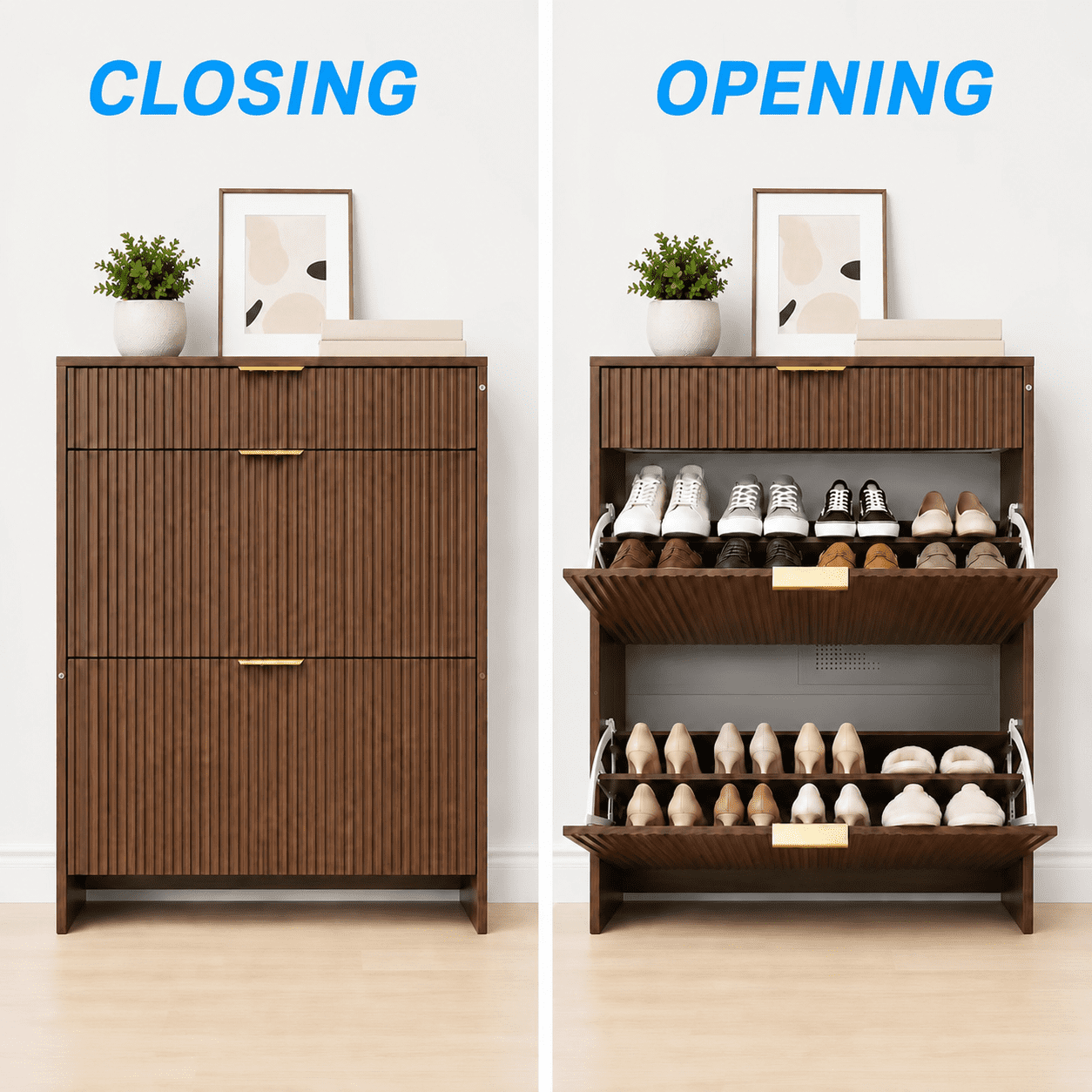 Fluted Flip Drawer Shoe Cabinet 31.5x11.8x43.3 Inch Natural Wood for Entryway Hallway