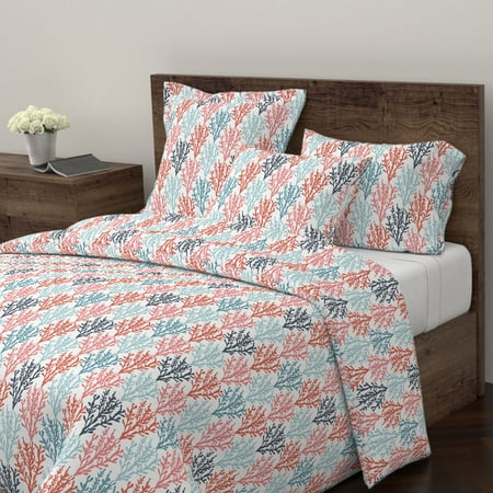 Coral Modern Nautical Living Coral Teal Blue Sateen Duvet Cover By