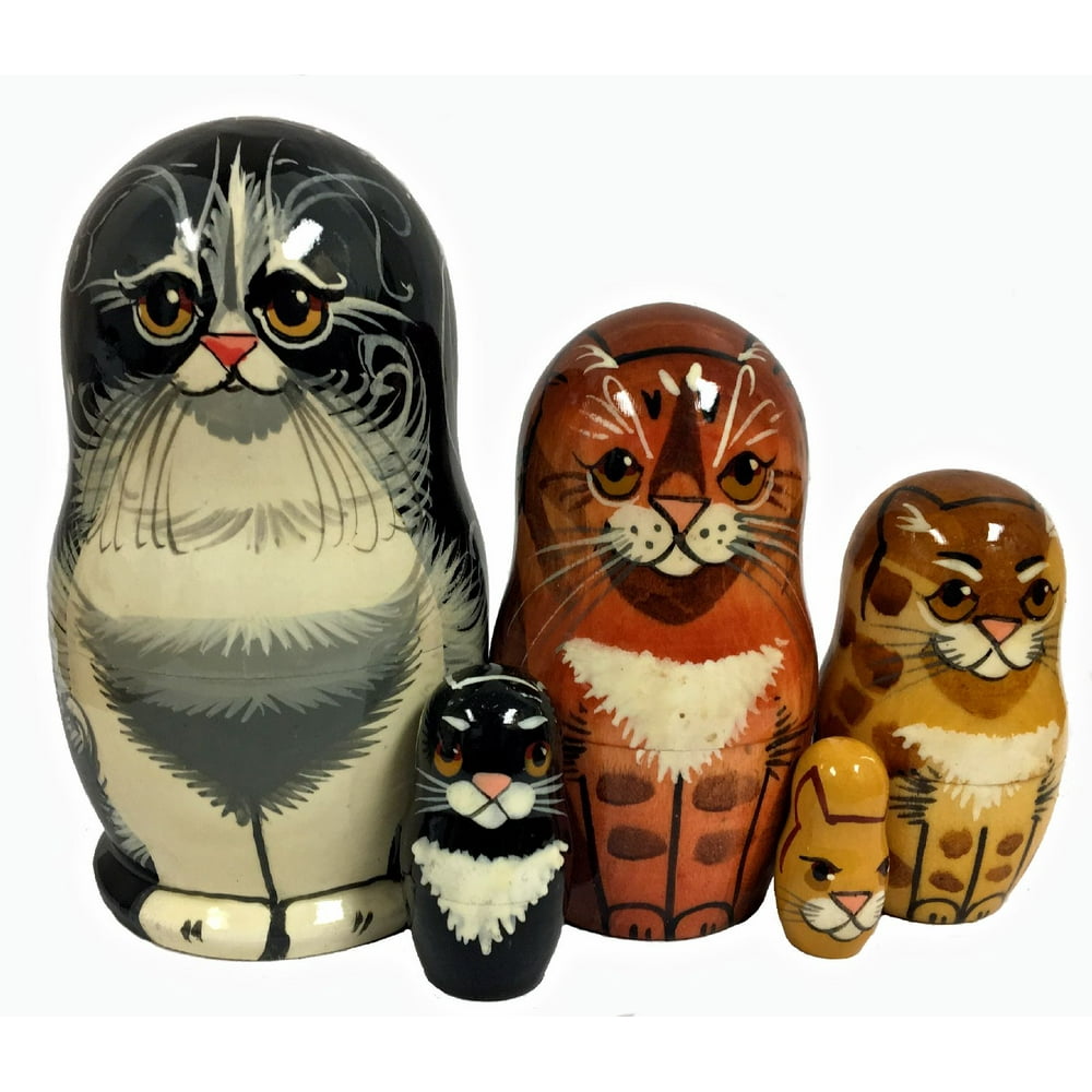 House Cats 5 Piece Wood Russian Nesting Doll Pet Animal Stacking Dolls