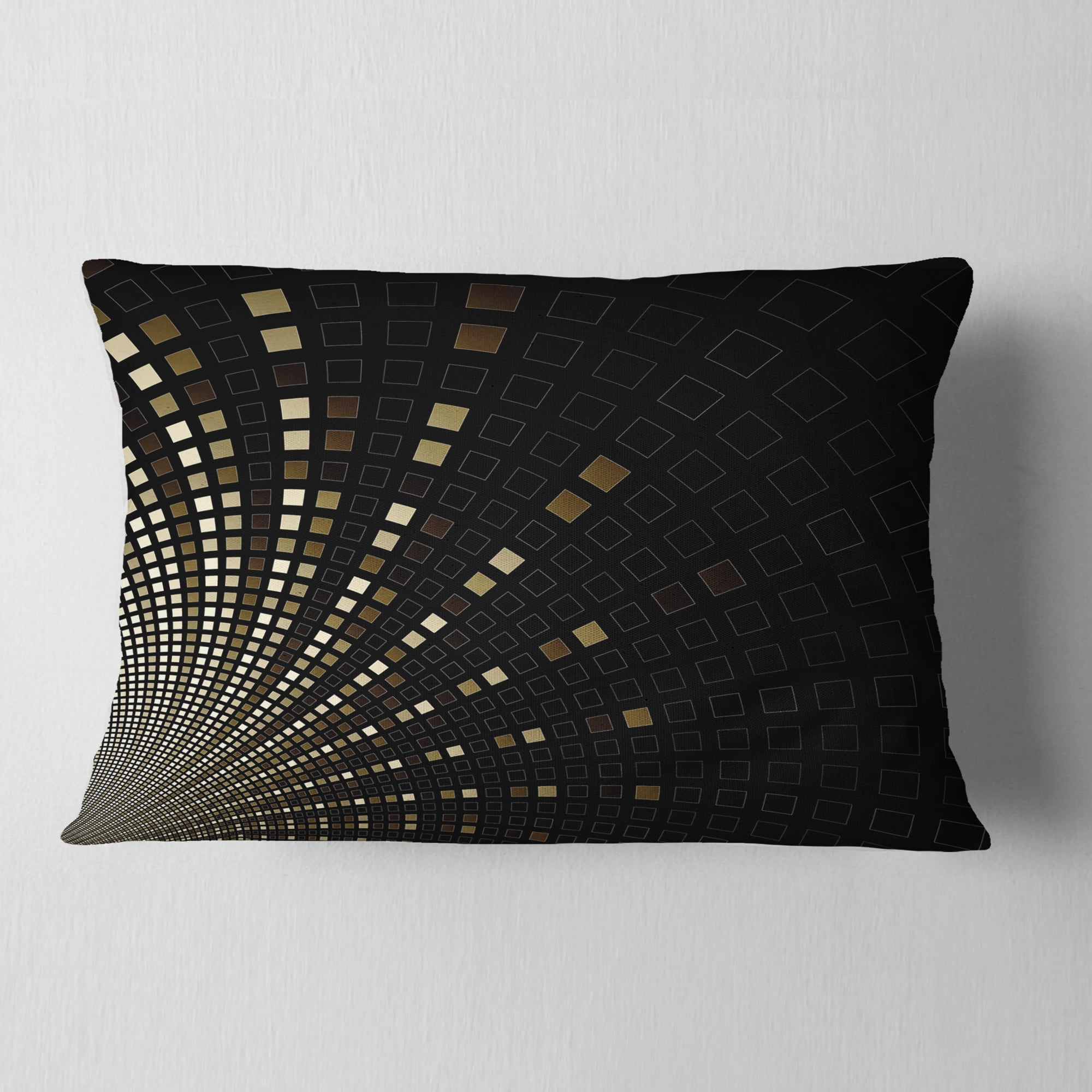 Designart Gold Square Pixel Mosaic on Black - Abstract Throw Pillow - 12x20