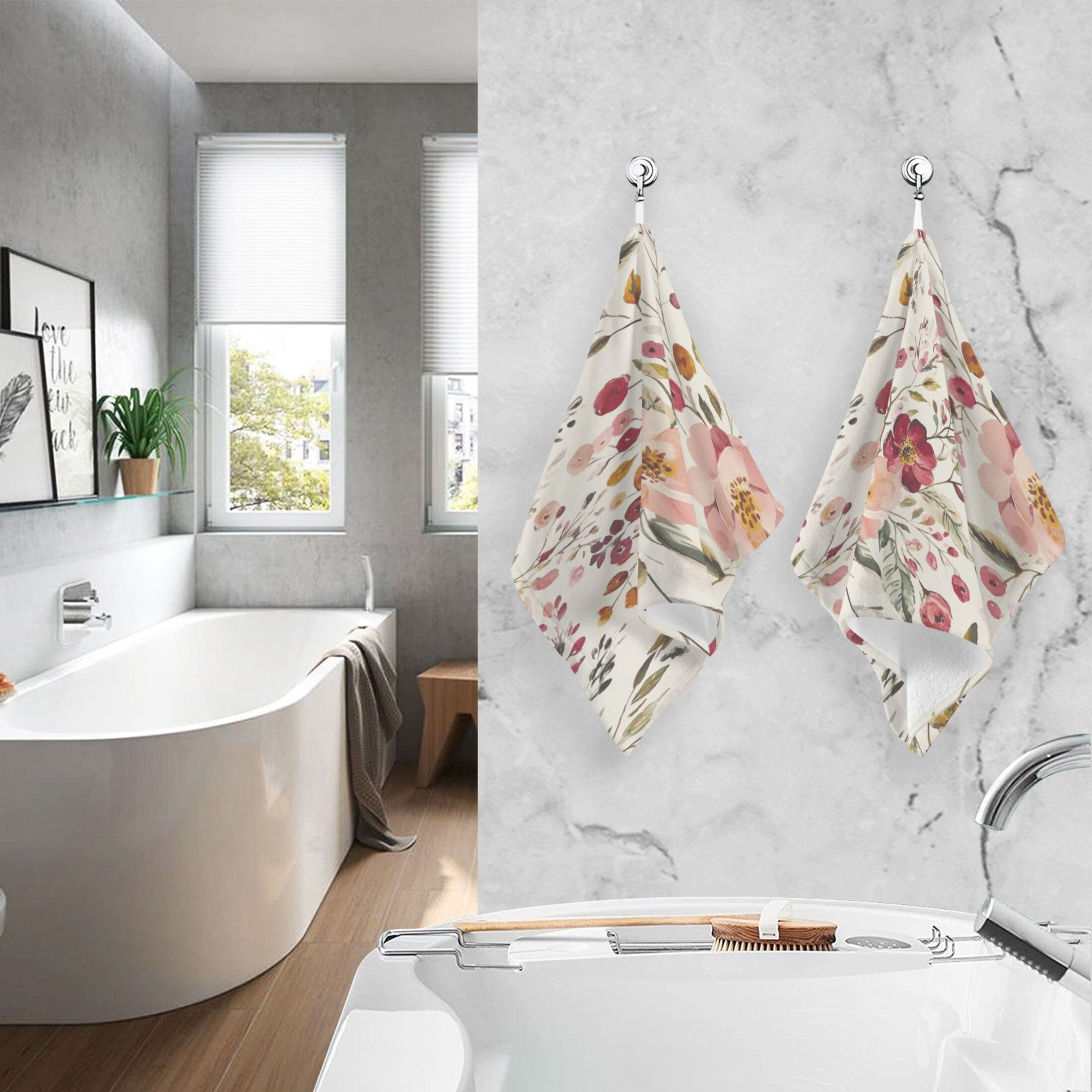 2 Pcs Absorbent Face Towel Bath Hand Towels Soft Breathable Cotton Towel Set for Bathroom Kitchen Hotel Spa Decor Vintage Floral Print Pattern