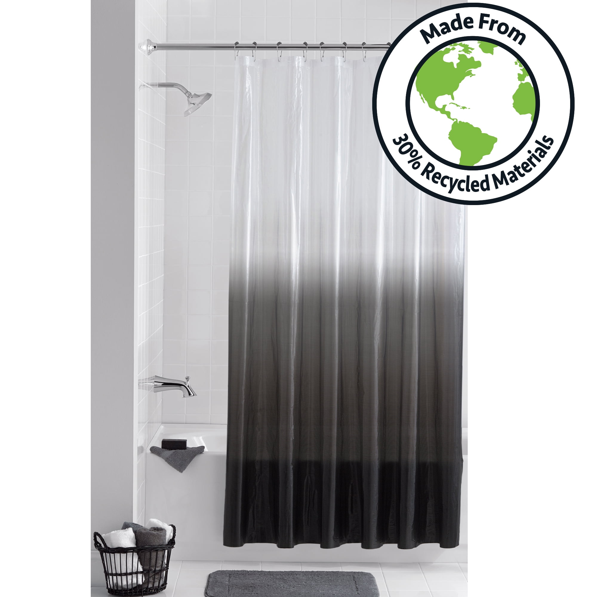 Mainstays 13-Piece Twilight Eco-friendly Waterproof PEVA Shower Curtain with Hooks Set, Made from 30% Post-Consumer Recycled Materials, Black and White