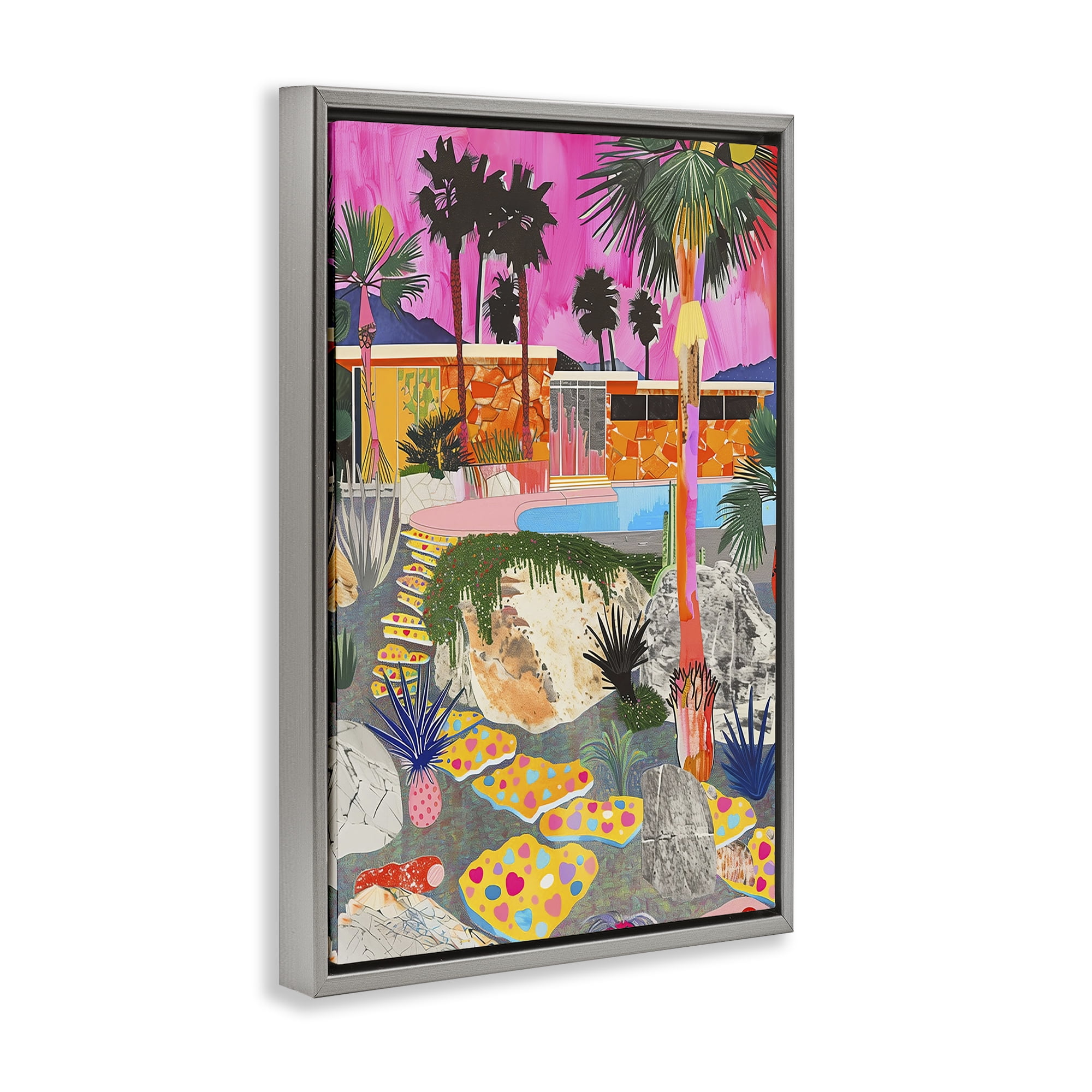Stupell Industries Modern Tropical Villa Collage Abstract Painting Gray Floater Framed Canvas Art Print Wall Art, 21 x 31