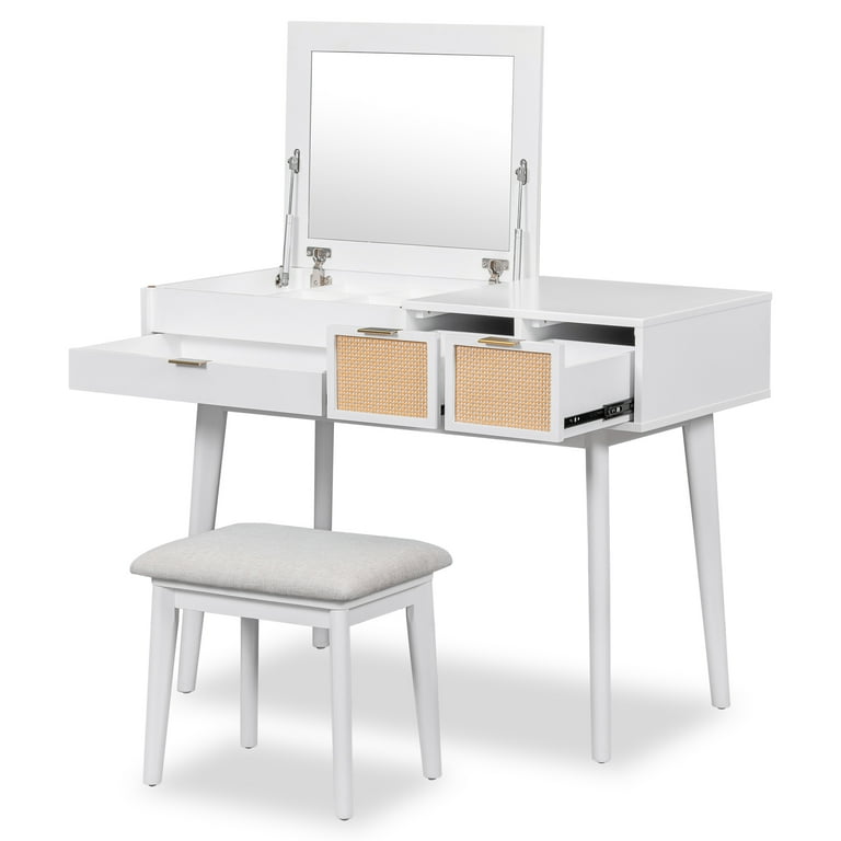 White Dressing Table Set , Modern Makeup Vanity Desk with Sliding Lighted  Mirror & Stool , Bedroom Furniture Dresser with 4 Storage Drawers – Built  to Order, Made in USA, Custom Furniture – Free Delivery