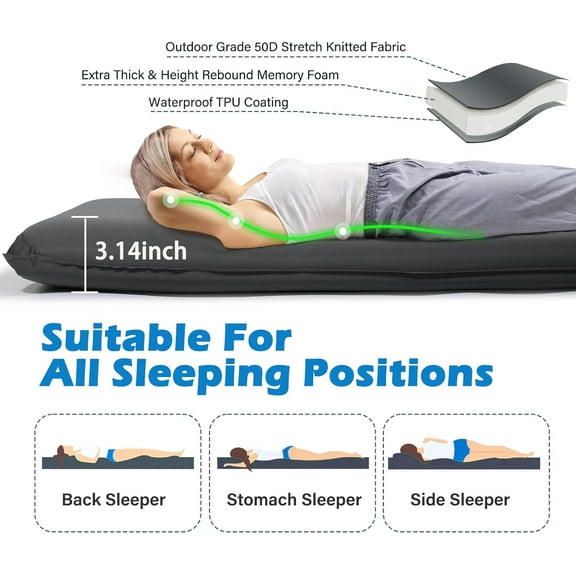 Sleeping Pad for Camping, Self Inflating Camping Pad with Pillow, 3.14" Compact Thick Memory Foam Camping Mattress Pad, Travel Portable Camp Sleeping Mat with Built in Pump