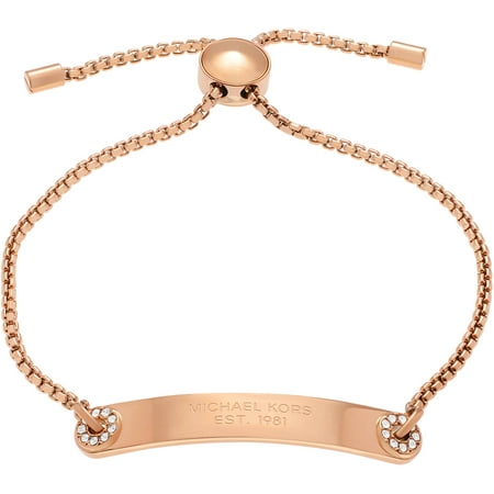 Michael Kors Women's Crystal Accent Rose Gold-Tone Stainless Steel Logo Plaque Slider Fashion Bracelet, 8