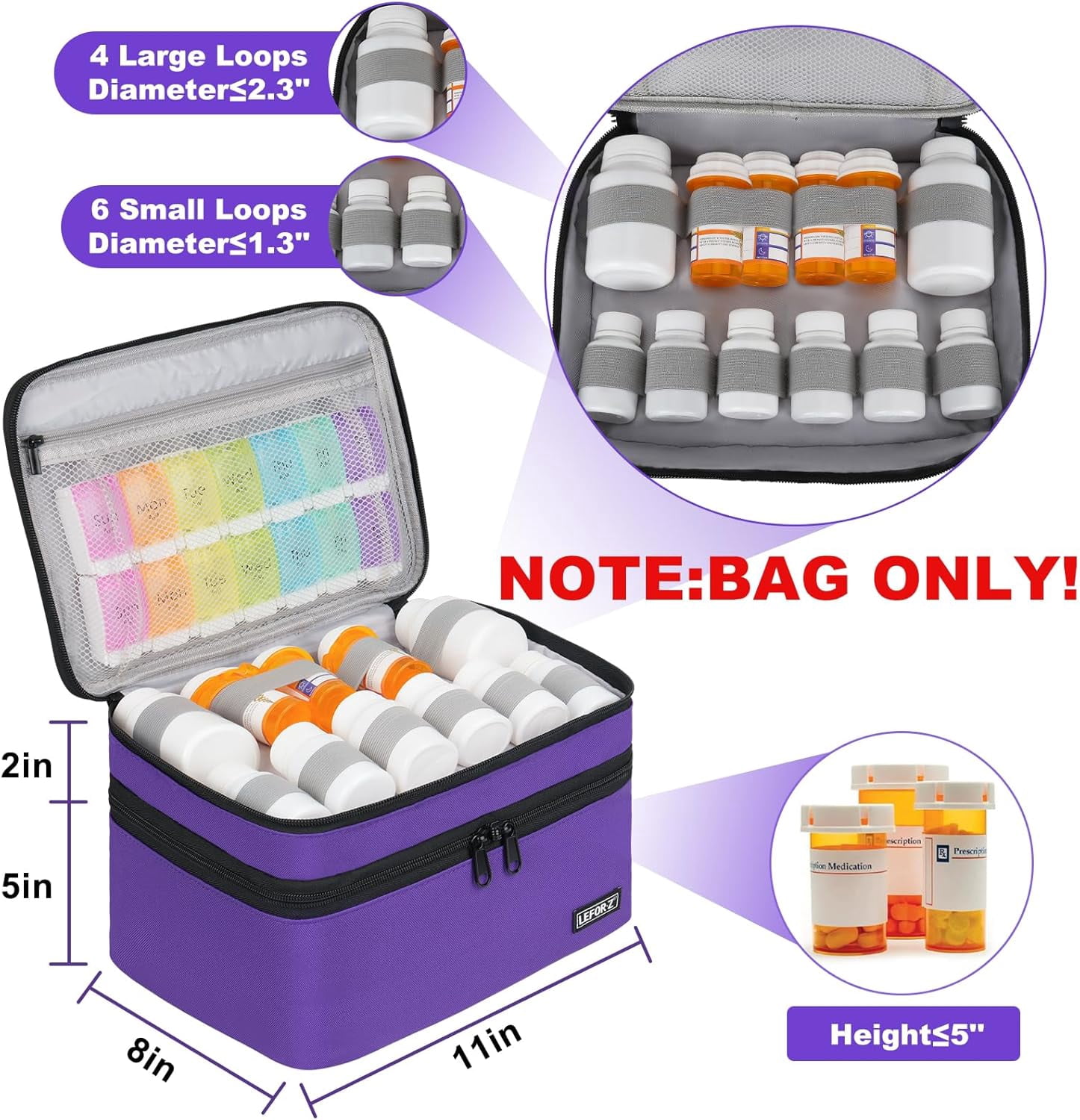 Medicine Storage Bag,Double Layers Pill Bottle Organizer Bag Empty with Lockable Zipper&Adjustable Divider,Medication Travel Carrying Bag for Pills,Vitamins,Medical Supplies
