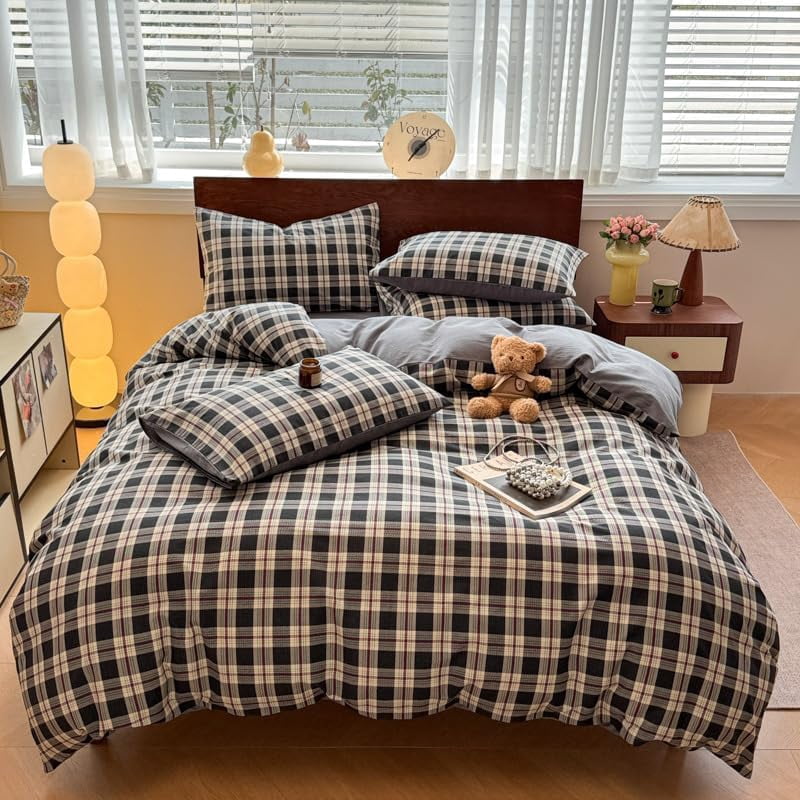 JOLUSERE Black Beige Plaid Duvet Cover Twin Set, 2-Piece Vintage Grid Checkered Pattern Soft Gray Comforter Cover