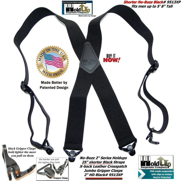 No-buzz HoldUp Airport Friendly 2" Wide Black X-back Suspenders with Patented Black Gripper Clasps